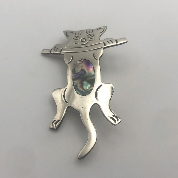 VTG Alpaca Silver & Abalone Kitty Cat Feline Brooch Mexico - 2.2” - Picture 2 of 4
